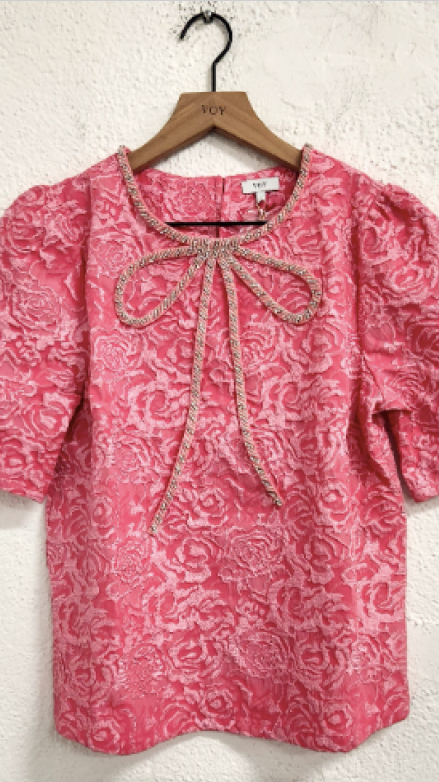 Rhinestone Bow Shape Floral Jacquard Top