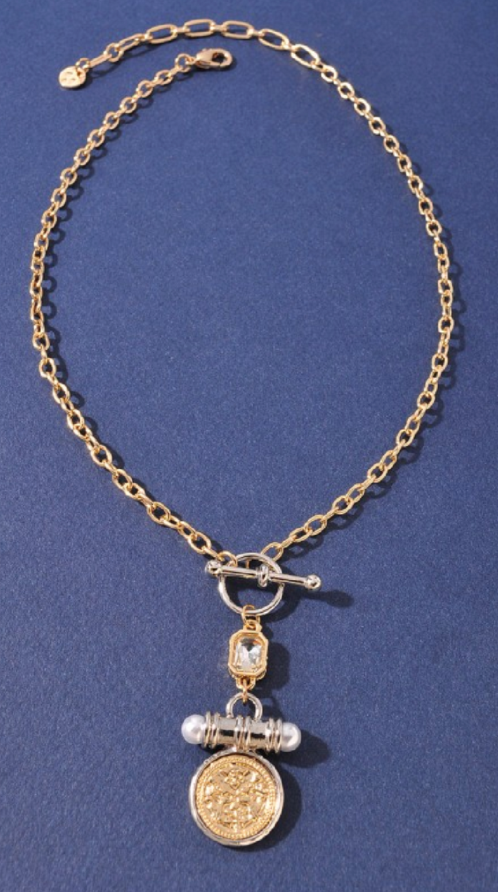 Two Tone Coin Toggle Necklace - Gold