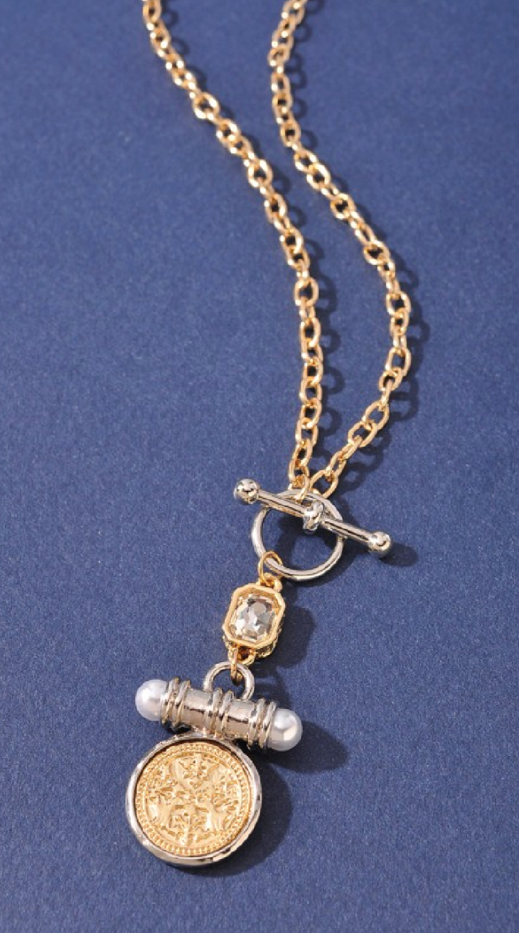 Two Tone Coin Toggle Necklace - Gold