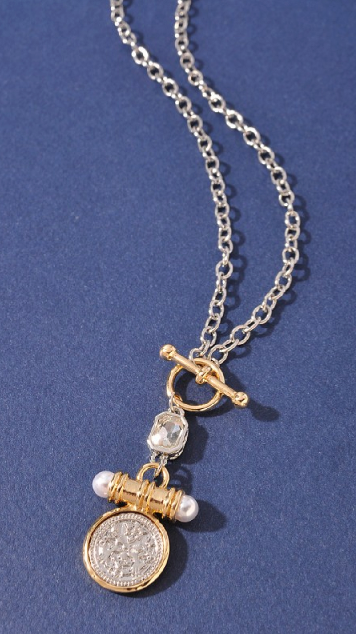 Two Tone Coin Toggle Necklace - Silver