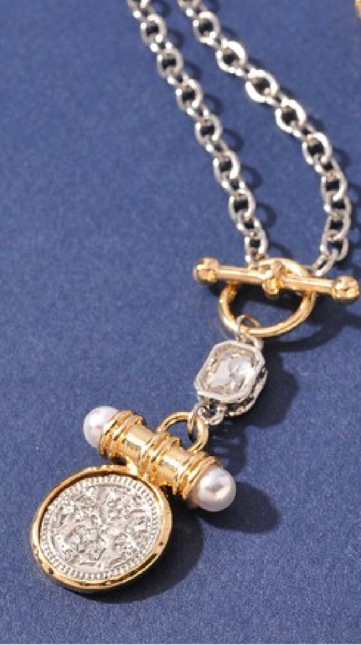 Two Tone Coin Toggle Necklace - Silver