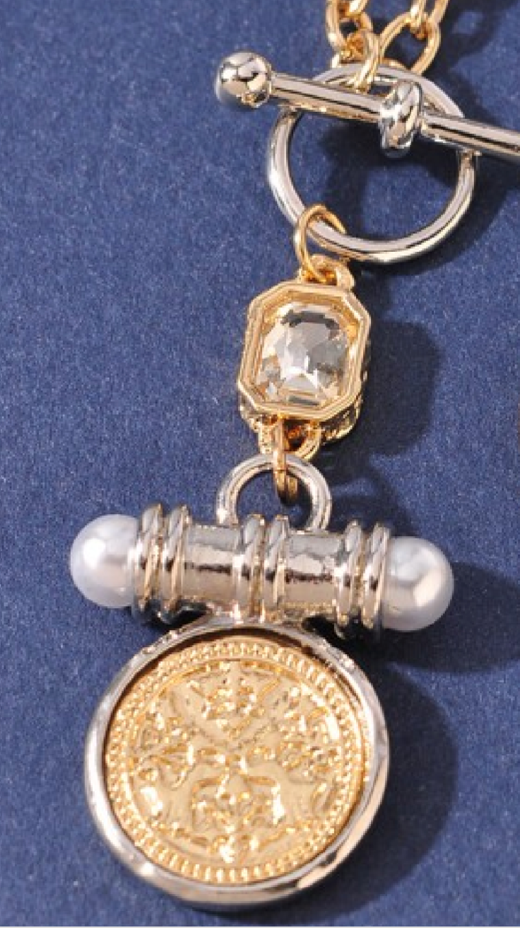 Two Tone Coin Toggle Necklace - Gold